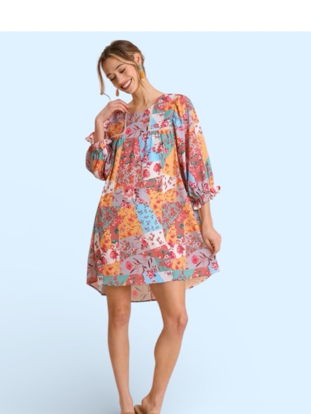 Umgee Floral Patchwork Long Sleeve Shift Dress cottagecore romantic festival - Picture 5 of 14
